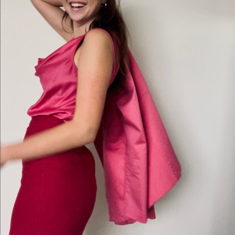 chic pink blazer with gold button and pleated back